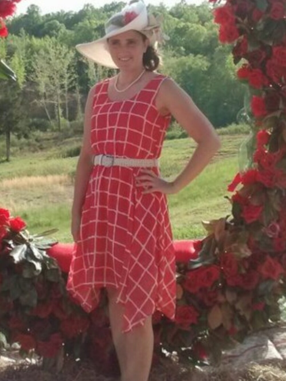 Coral Cream Windowpane Grid Handkerchief Dress w/Belt Size 12 Sundress Cato